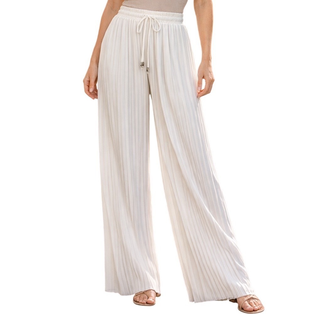 Style One Sheer White Pleated Cropped Wide Leg Palazzo Pant Drawstring Size L/XL